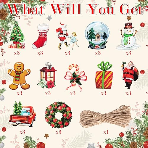 Miniatura 3 de Haooryx 37 adornos navideños de casa de jengibre decorativos, bastón de caramelo, muñeco de nieve, adornos de madera con cuerdas para fiestas de