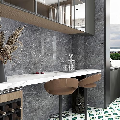 Miniatura 6 de Papel de contacto de mármol gris de 31.5 x 354 pulgadas, papel tapiz de mármol gris brillante para despegar y pegar, extraíble, impermeable,