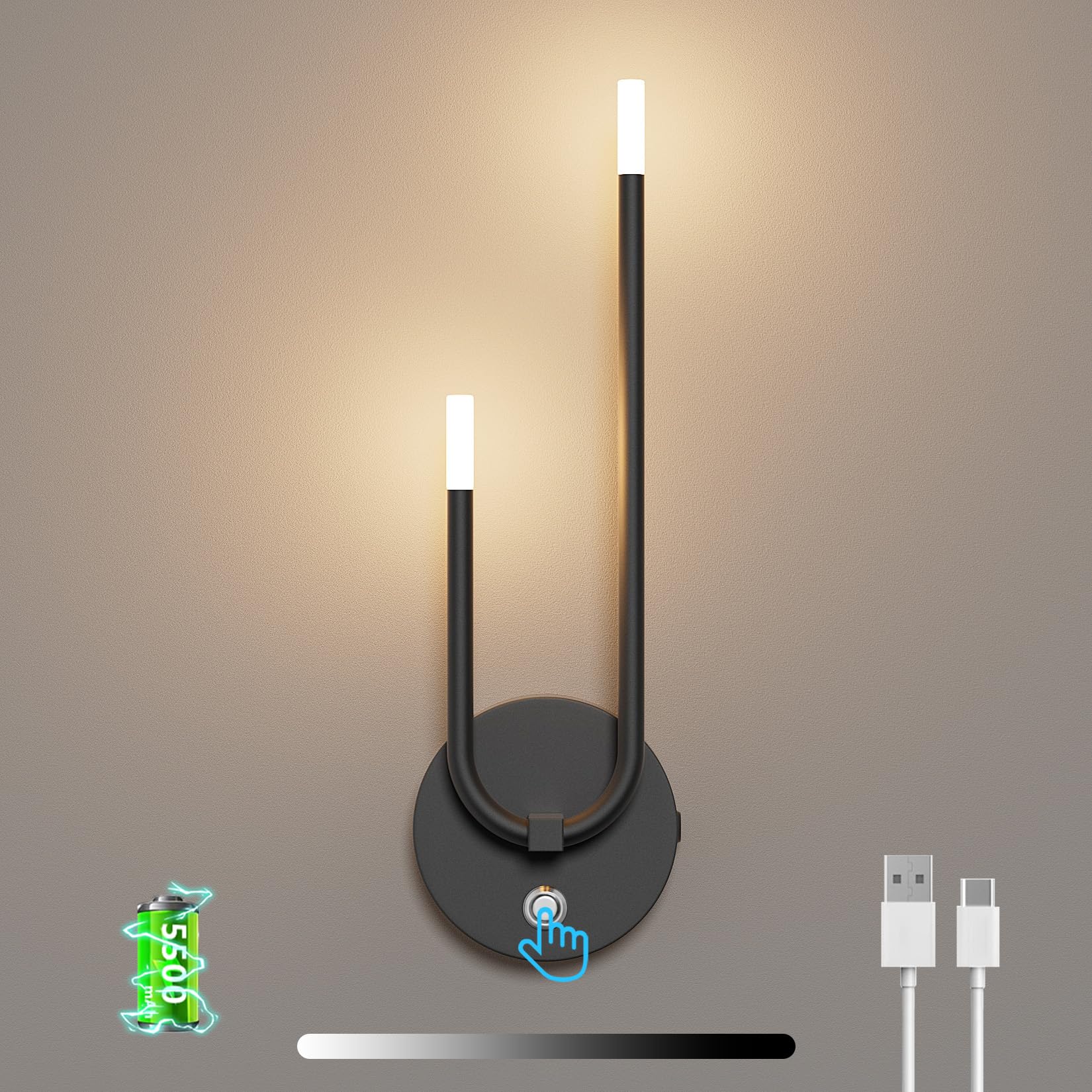 Aipsun 5500mAh recargable luz de pared de interior, stepless regulable, 4W 3000k blanco cálido, 18-60 horas de larga vida para el comedor/dormitorio/sala de estar/pasillo (Negro)
