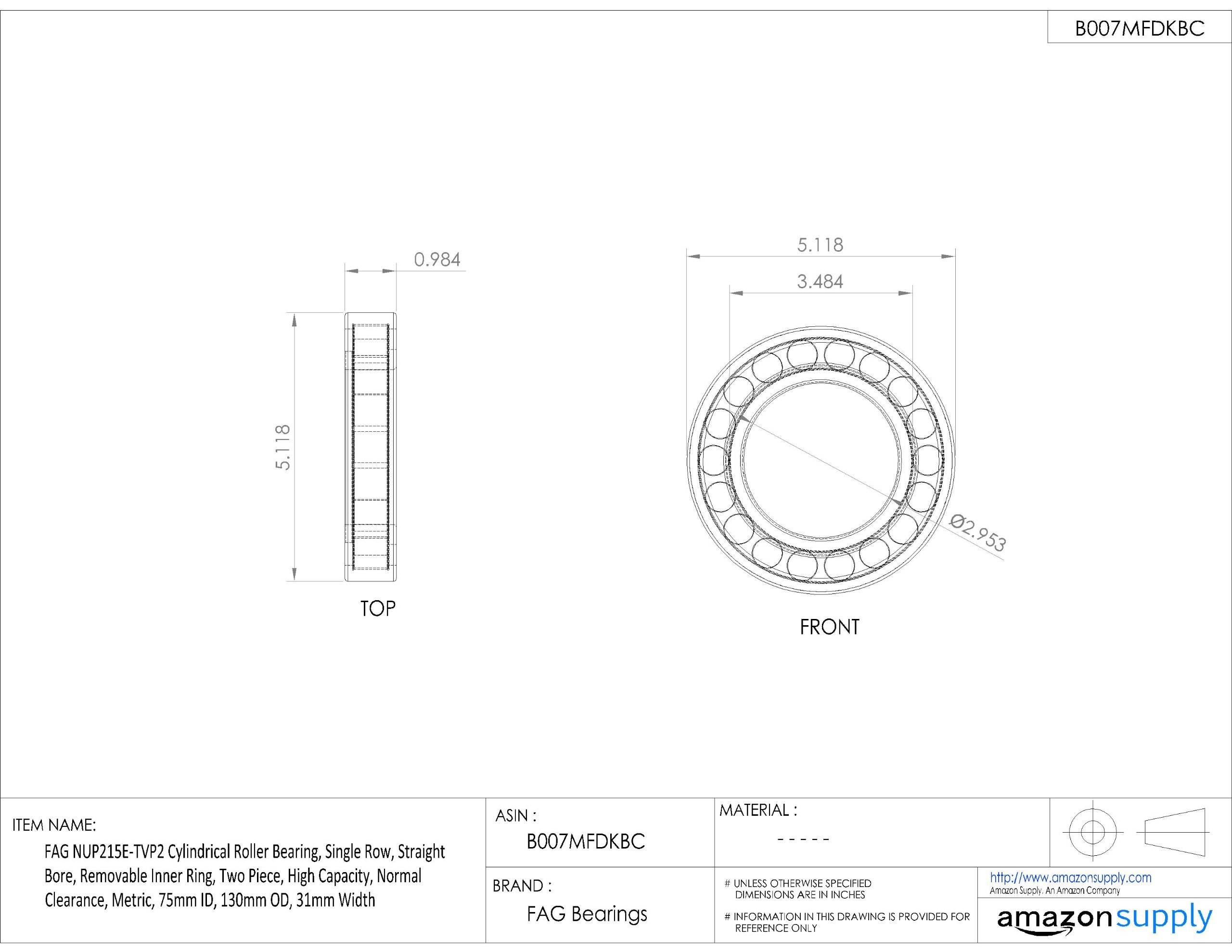 FAG Nup215e-tvp2 cylindrique Roulement à rouleaux, rangée simple, Straight Alésage, Bague intérieure amovible, 2 pièces, haute capacité, espace Normal, métriques, 75 mm ID, 130 mm OD, 31 mm de largeur