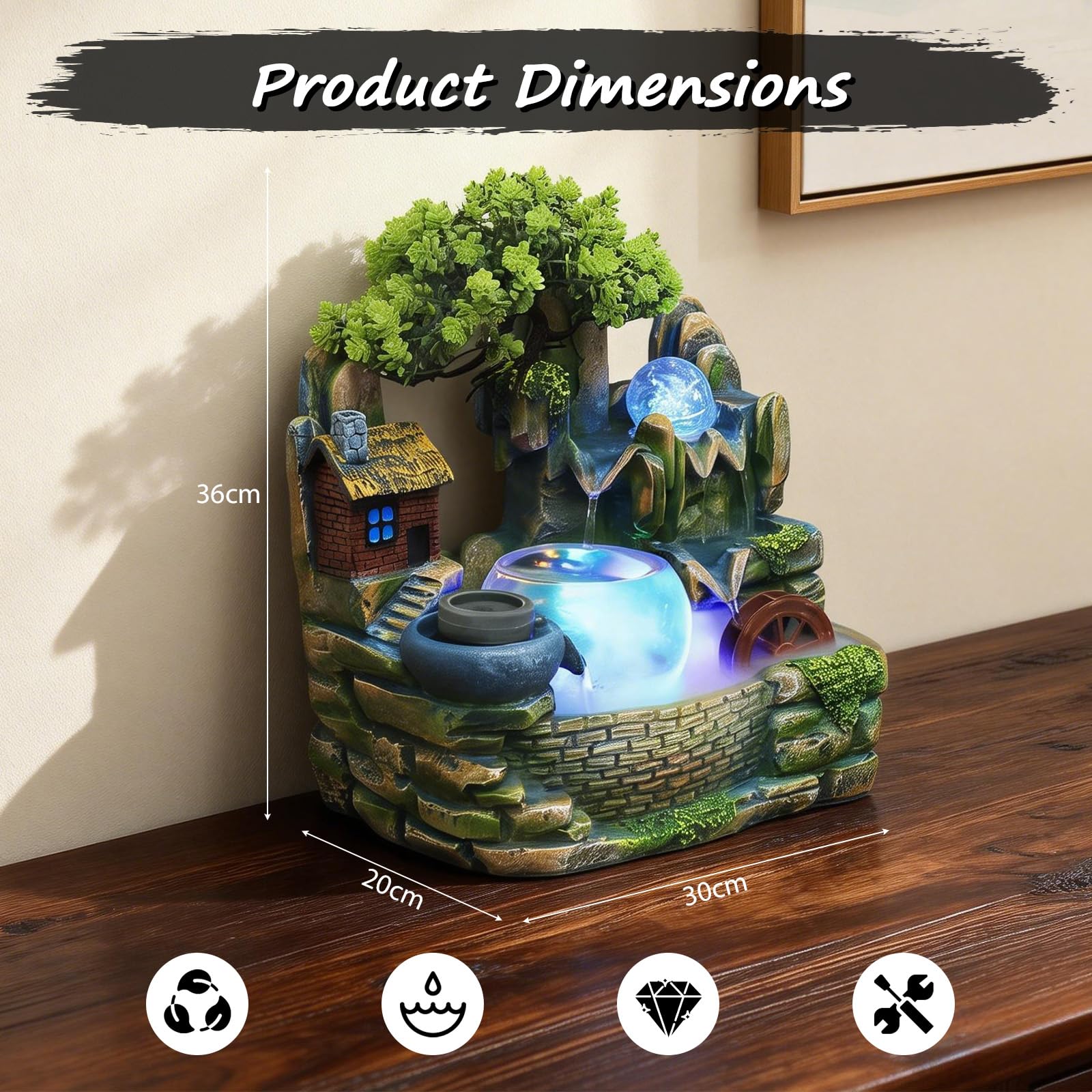 Fontaine D'intérieur, Fontaine Décorative de Table avec éclairage LED à Changement de Couleur, Roue Feng Shui et Aquarium Transparent pour Chambres, Salons et Bureaux (30 x 20 x 36 cm)