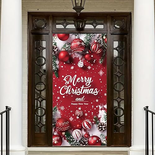 Miniatura 6 de Cartel de puerta de Feliz Navidad de 35 x 71 pulgadas, cubierta roja de puerta delantera de Navidad con copos de nieve y letras para Navidad,