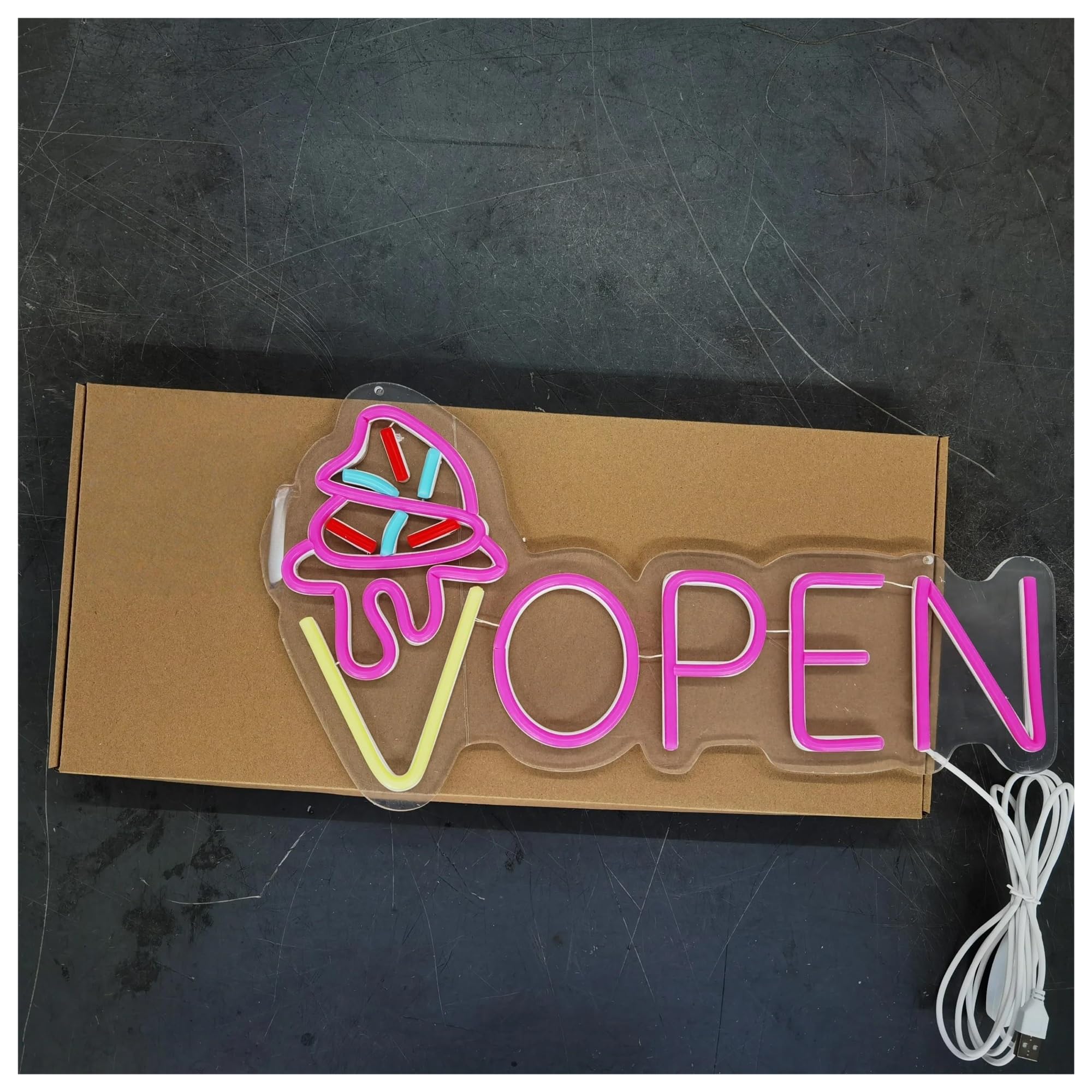 Shouxi B Sign Lamp Ice Cream Open Sign, Ice Cream Neon Sign, Luminous Neon Sign, Ice Cream Truck Sign 23.2Cmx43cm(B)