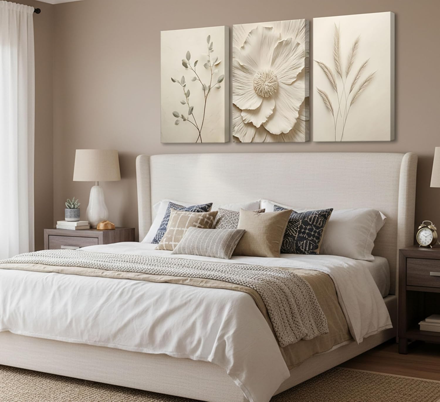 3Pcs Neutral Beige Floral Plant Canvas Wall art Textured Flower Botanical Painting Picture Wall Decor Vintage Blossom Poster Prints for Living Room Bedroom Bathroom Decoration