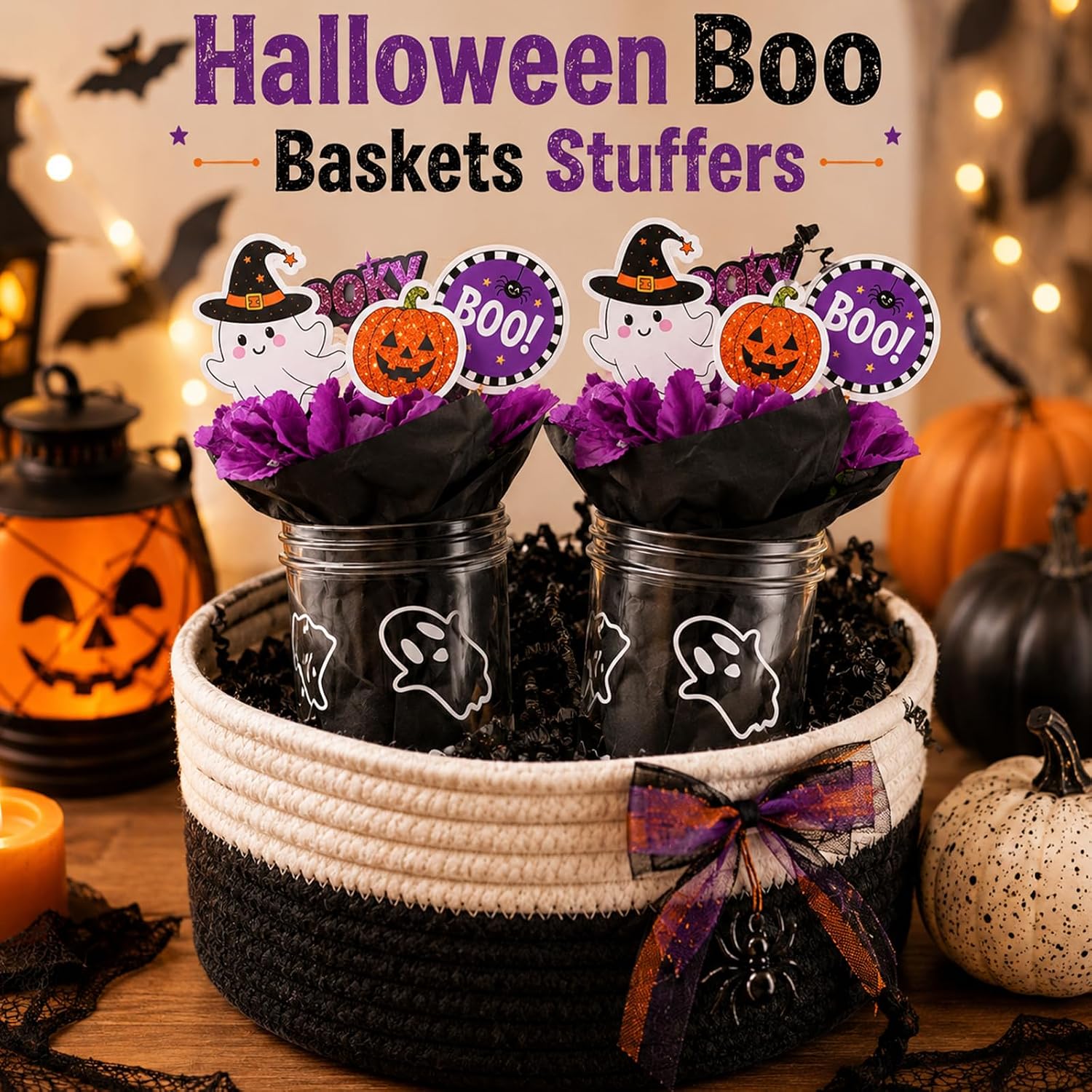 ANOTION Halloween Cups, Ghost Decor 24 Oz Mug Mason Jar Glass with Lids and Straws Tumblers Coffee Cups Cookie Jar Boo Basket Stuffers for Adults, Halloween Cups for Adults, Ghost Cup