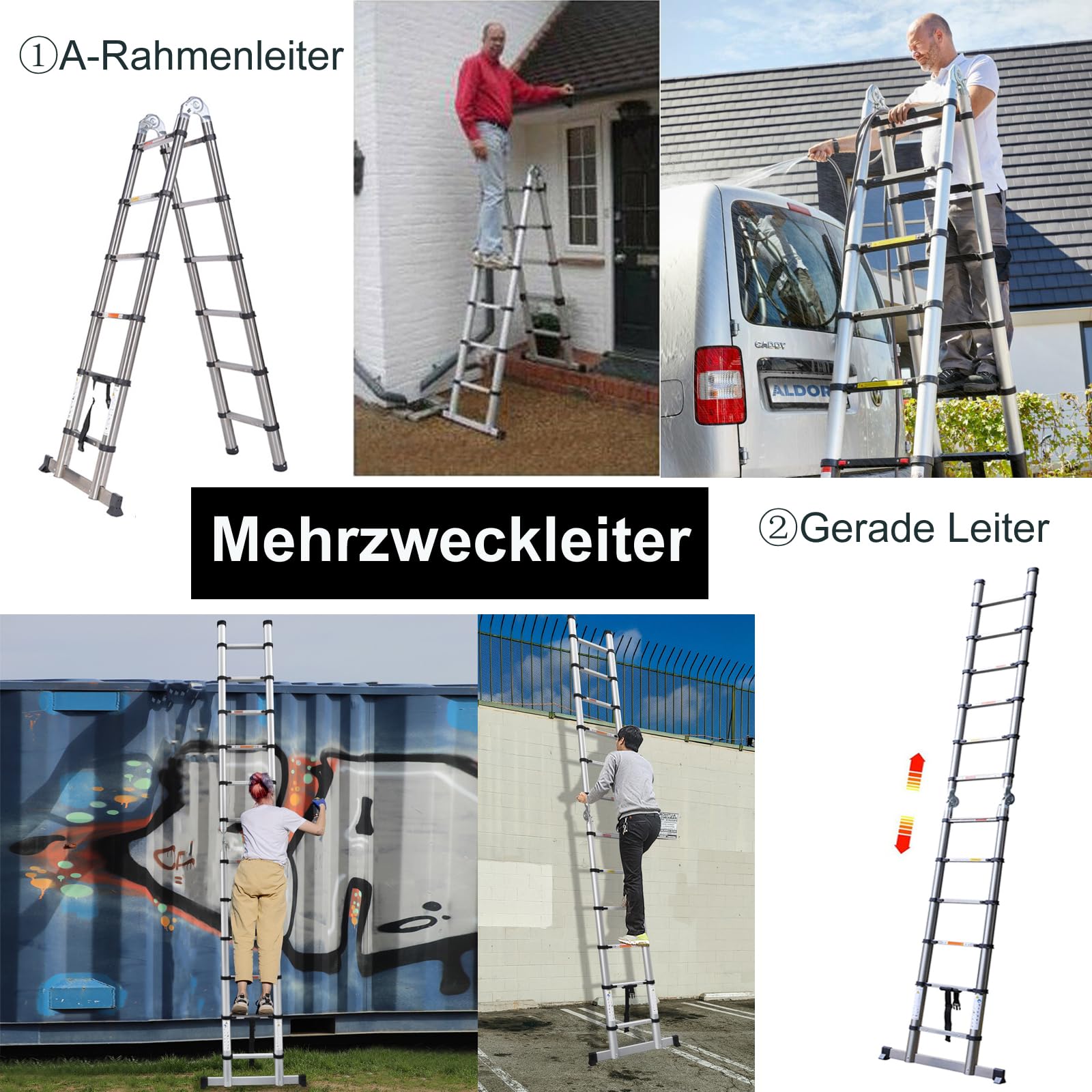 Teleskopleiter 5m Klappleiter mit Stabilisator & Rutschfesten Füßen, Mehrzweckleiter Trittleiter aus hochwertigem Edelstahl - Belastbarkeit bis zu 150kg, Leiter für Haushalt und Arbeiten im Freien