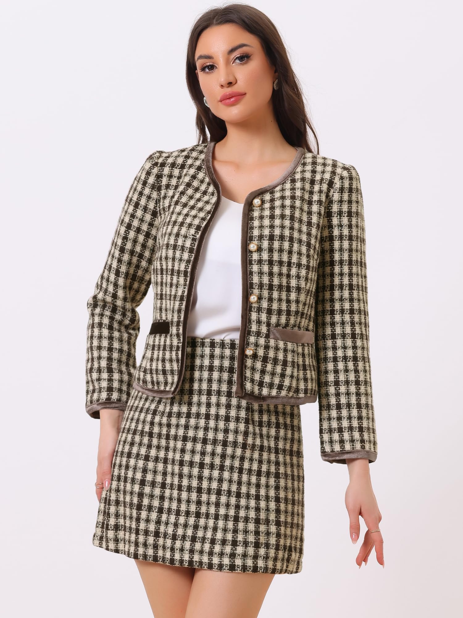 Allegra K Ensemble de Costume pour Femme 2 pièces Tenues Plaid Tweed Court Blazer Veste et Ensembles de Jupe de Noël