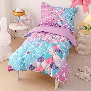 4 Pieces Toddler Bedding Set for Girls Baby Crib Bedding Set Toddler Comforter Sets with Mermaid Tails Print Blue Purple Gradient - Comforter, Fitted Sheet, Flat Sheet, Pillowcase