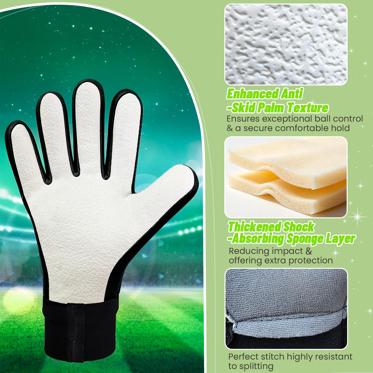 Jalunth Guantes de portero para niños con látex sólido que absorbe los golpes, esponja para guardar los dedos, para entrenamiento, juego de portero, guantes de fútbol, talla 5-8, para niños y niñas de