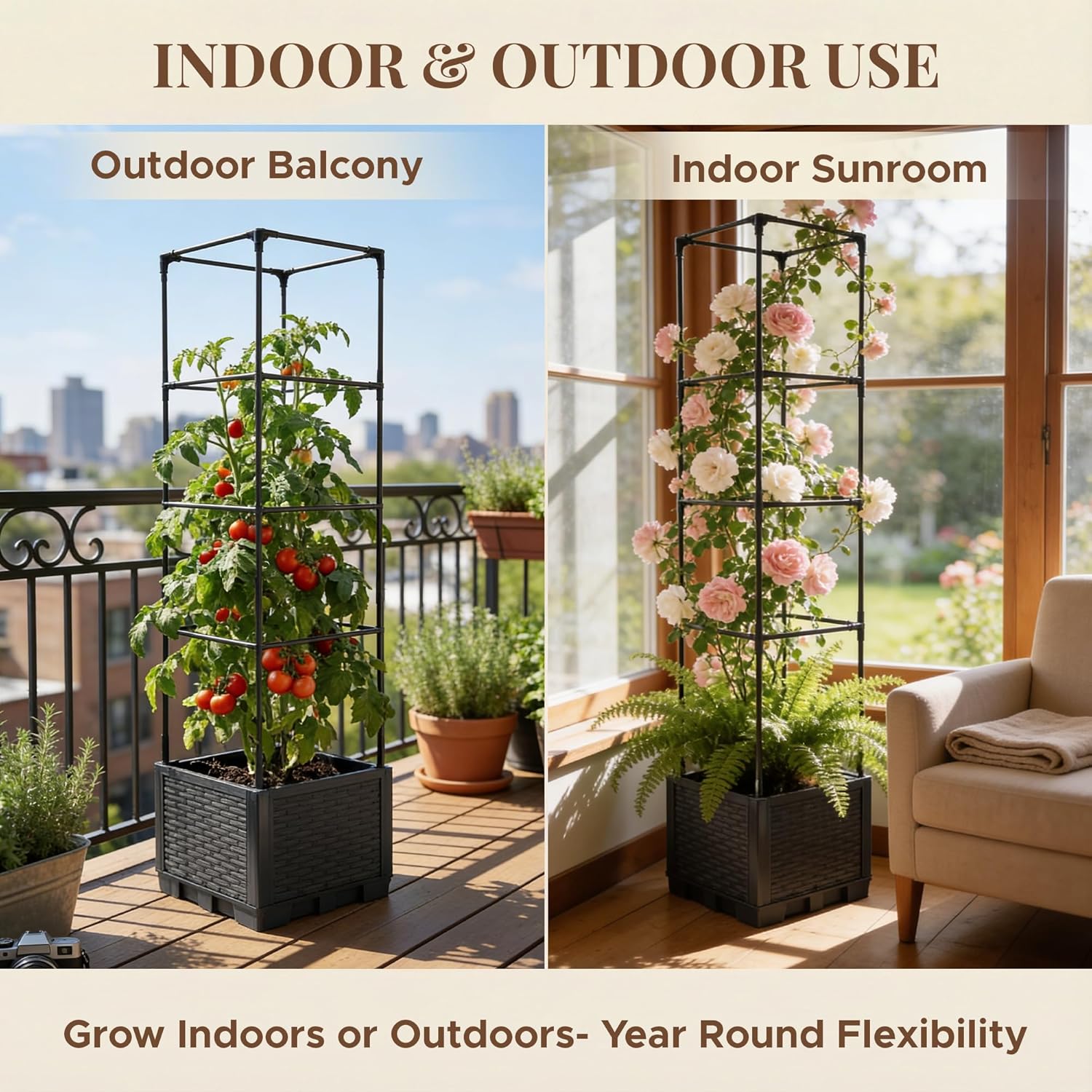 2 Pack Tomato Planter with Trellis 43 Inch, Self Watering Planter Box with Trellis, Vertical Raised Garden Bed Planter for Climbing Vegetables Indoor Outdoor Patio