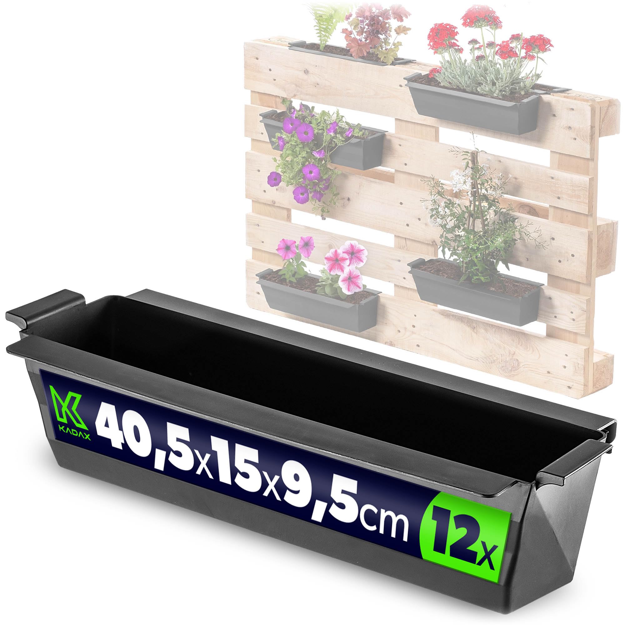 KADAX Set de 12 jardineras para paletas con sistema de suspensión, 37x9 cm Negro, para plantar y decorar como macetero de balcón, maceta para paleta europea, inserto de maceta y maceta decorativa en