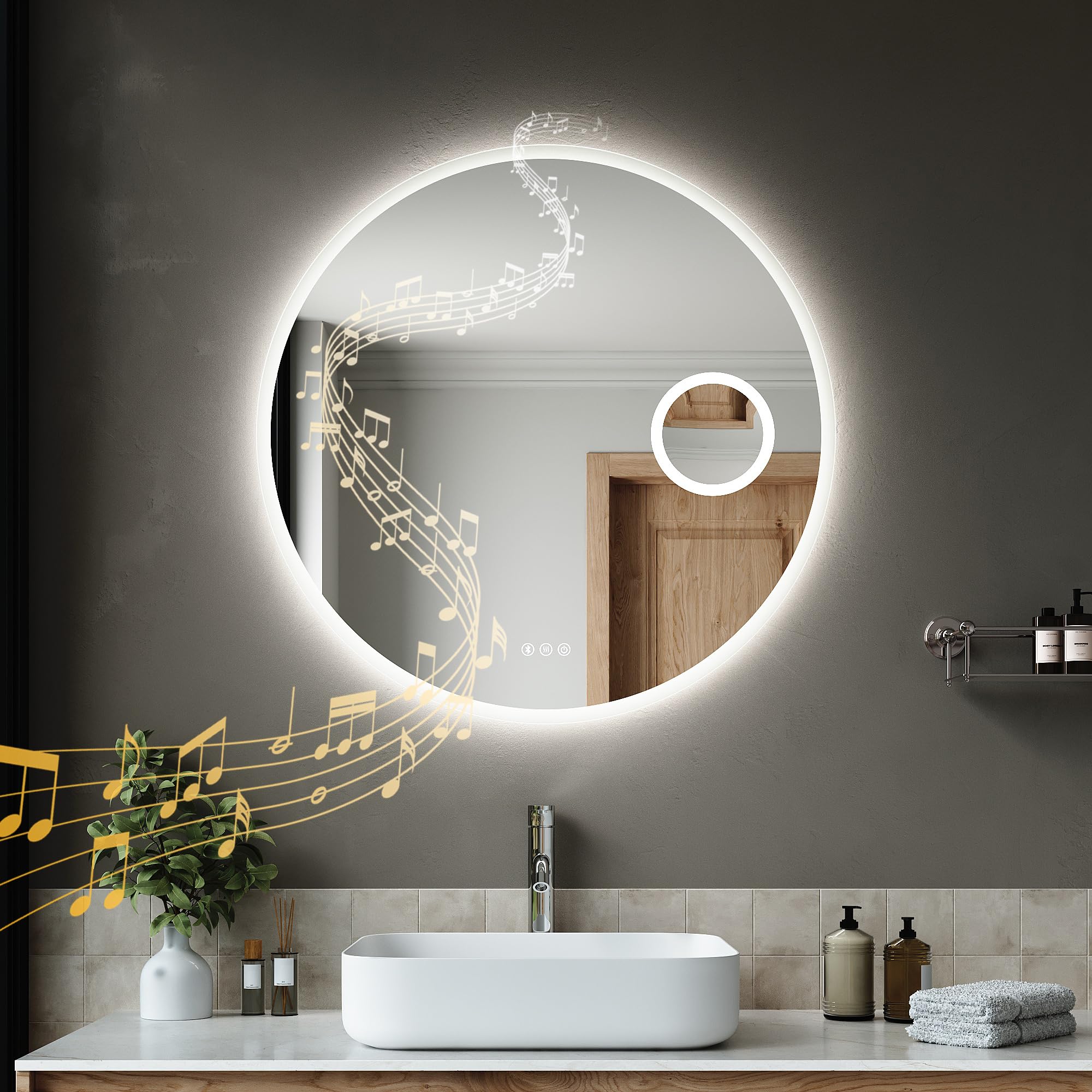 SIRHONA Specchio da bagno con illuminazione 80 cm, Bluetooth, dimmerabile, 3 colori leggeri, anti-appannamento, memoria, IP44, 3 x lente d'ingrandimento, specchio LED bagno, sensore tattile