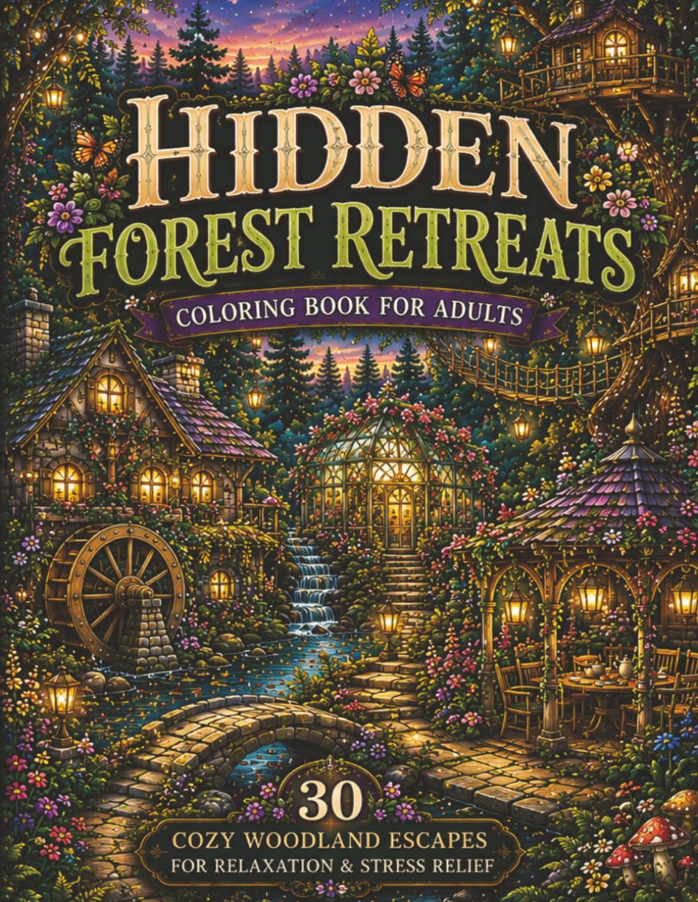 Hidden Forest Retreats Coloring Book for Adults: 30 Cozy Woodland Escapes, Secret Cottages, Treehouses, Watermills, Gardens & Peaceful Nature Scenes ... Journey Through Enchanted Forest Hideaways!