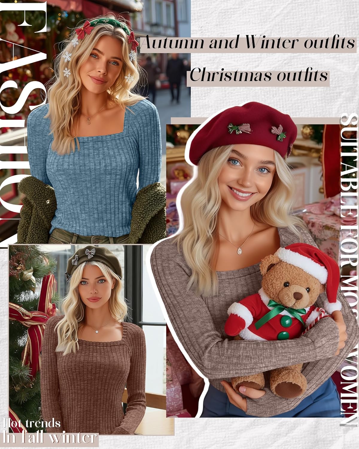 3 Pack Women's Long Sleeve Shirts, Square Neck Loose Fit Tunic Tops Fall Winter Casual Lightweight Sweaters - Image 3