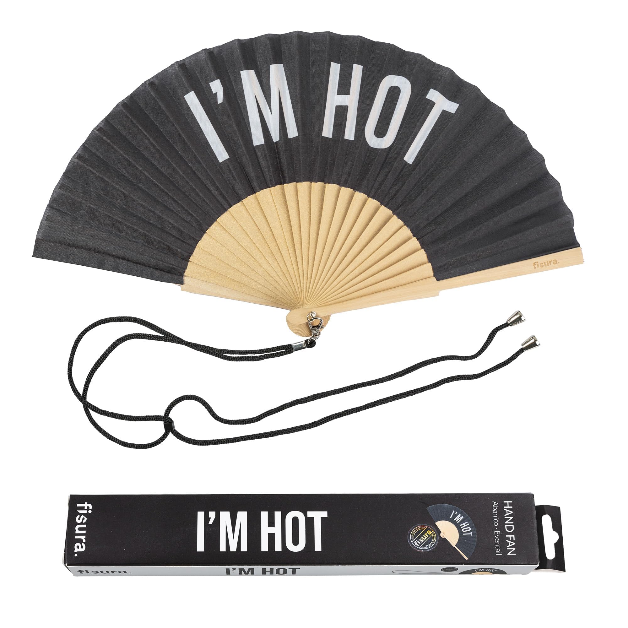 Fisura - Original Handheld Folding Fan with message in english. Funny wooden fan. Original holding Hand Fans. Birthday Gifts Wedding Party Decoration (Hot, black) (I'm hot, black)