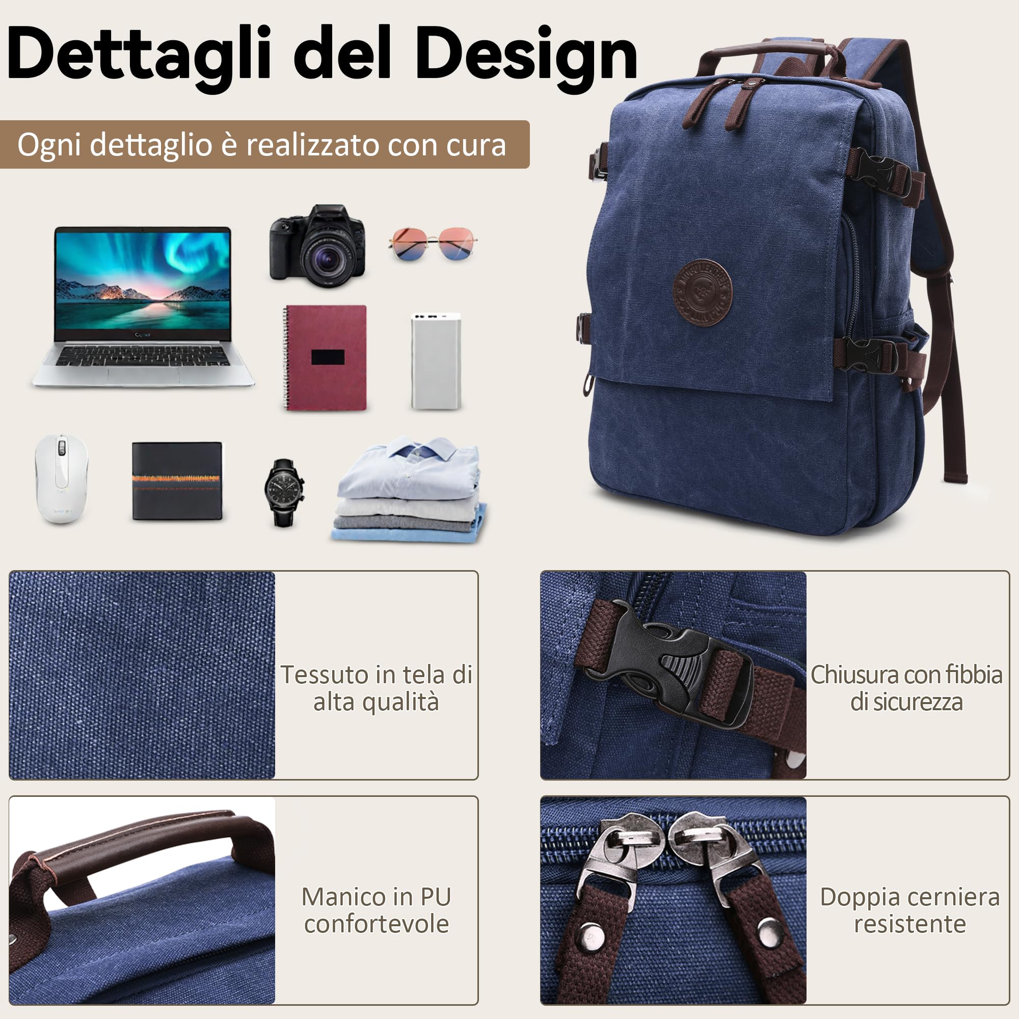 Zaino per Laptop Uomo Tela Zaino Viaggio Adatto per Laptop da 15.6 pollici Outdoor College Campeggio Lavoro Casual Alpinismo Grande Capacità Durevole Blu