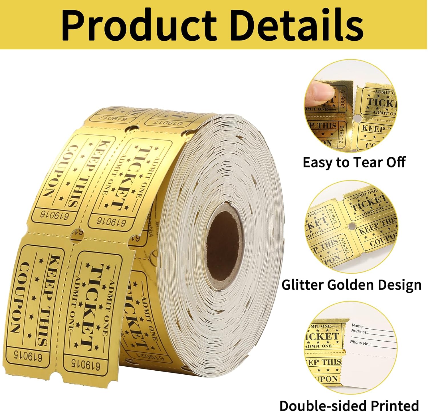 Golden Raffle Tickets – 4000 Tickets, 4 Double Rolls, Metallic Gold Foil Tickets for Carnivals, Events, Classroom Rewards, Family Games, Entry, Bingo, Auction & Door Prizes