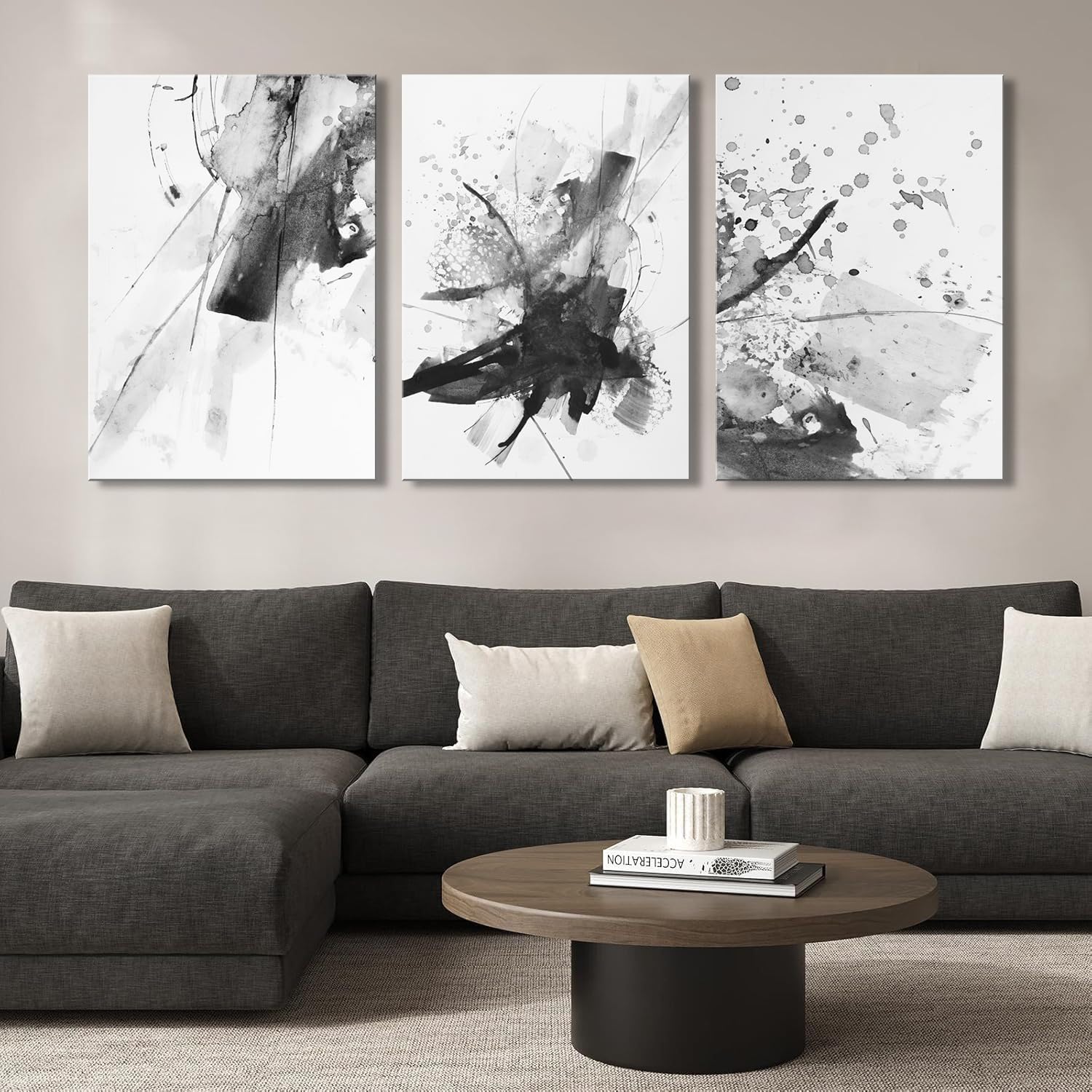 abstract black and white wall art modern artwork for walls ink texture painting canvas prints watercolor fluid lines pictures framed bedroom office living room bathroom decorations 12"x16"x3 12"l x 16"w (set of 3) black-2