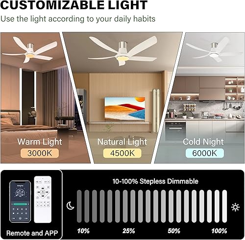 Miniatura 3 de Ohniyou Ventilador de techo de perfil bajo de 58 pulgadas con luz, aplicación y control remoto, ventilador de techo para interiores y exteriores,