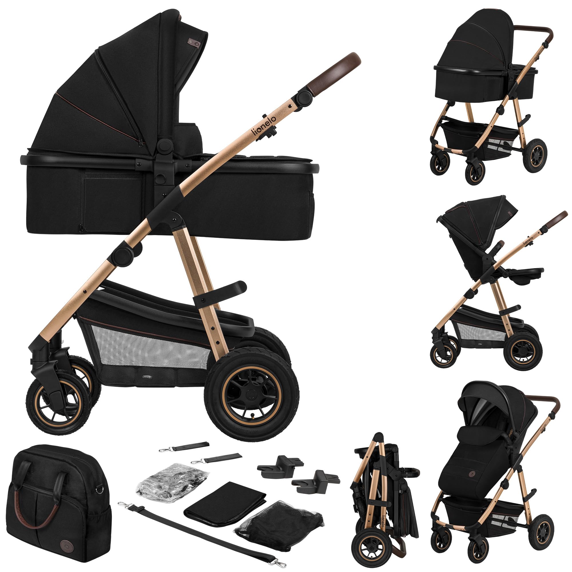 LIONELO Amber Kinderwagen 2 in 1 Kombikinderwagen, Kinderwagen Set | mit sportlichen Sitz und fester Babywanne, Tasche, Moskitonetz, Abdeckung Regenblatt (Grau)