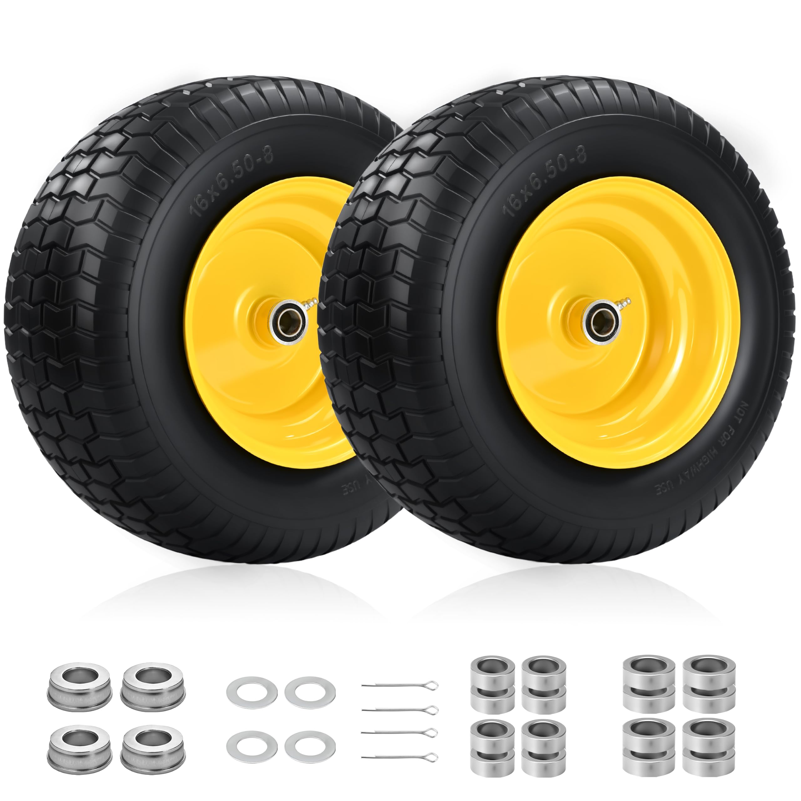 Paquete de 2 neumáticos y ruedas planas de 16 x 6.50-8, cubo de desplazamiento de 3 pulgadas y rodamientos de 3/4 pulgadas, repuesto de neumático delantero sólido de 16 x 6.5-8 para cortacésped y