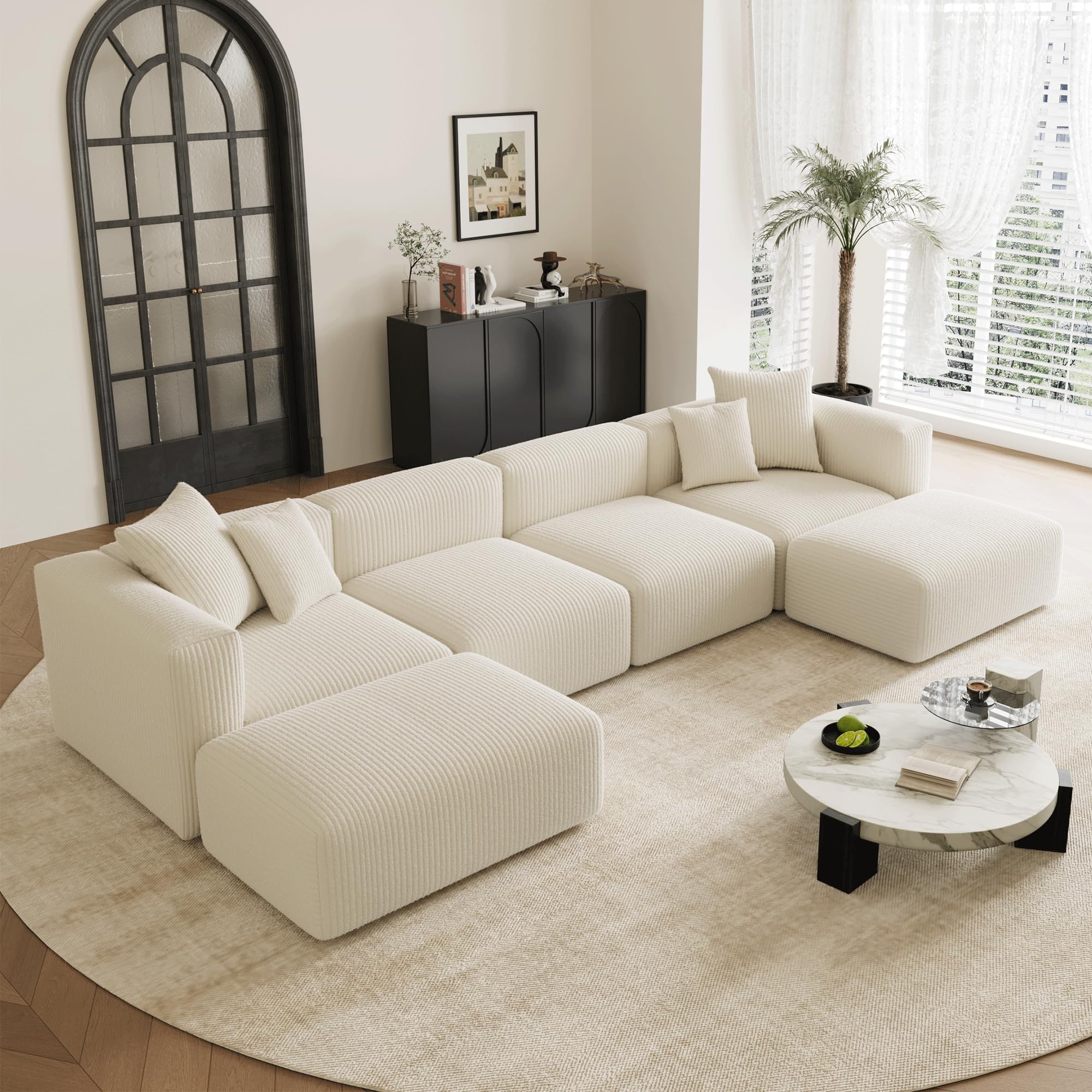 Acanva Convertible Modular Sectional Sofa with Movable Ottomans Free Combination Corduroy Couch for Living Room Apartments U-Shaped White