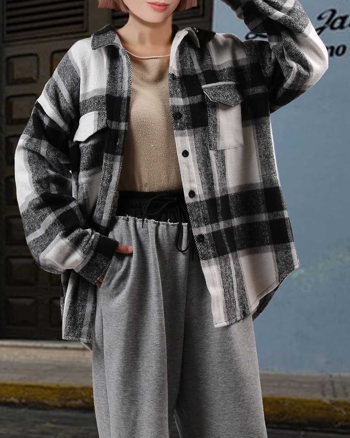 SHEJIZE Women's Casual Shacket Jacket Plaid Shirts Flannel Blouses Button-Down Shirts - Image 5