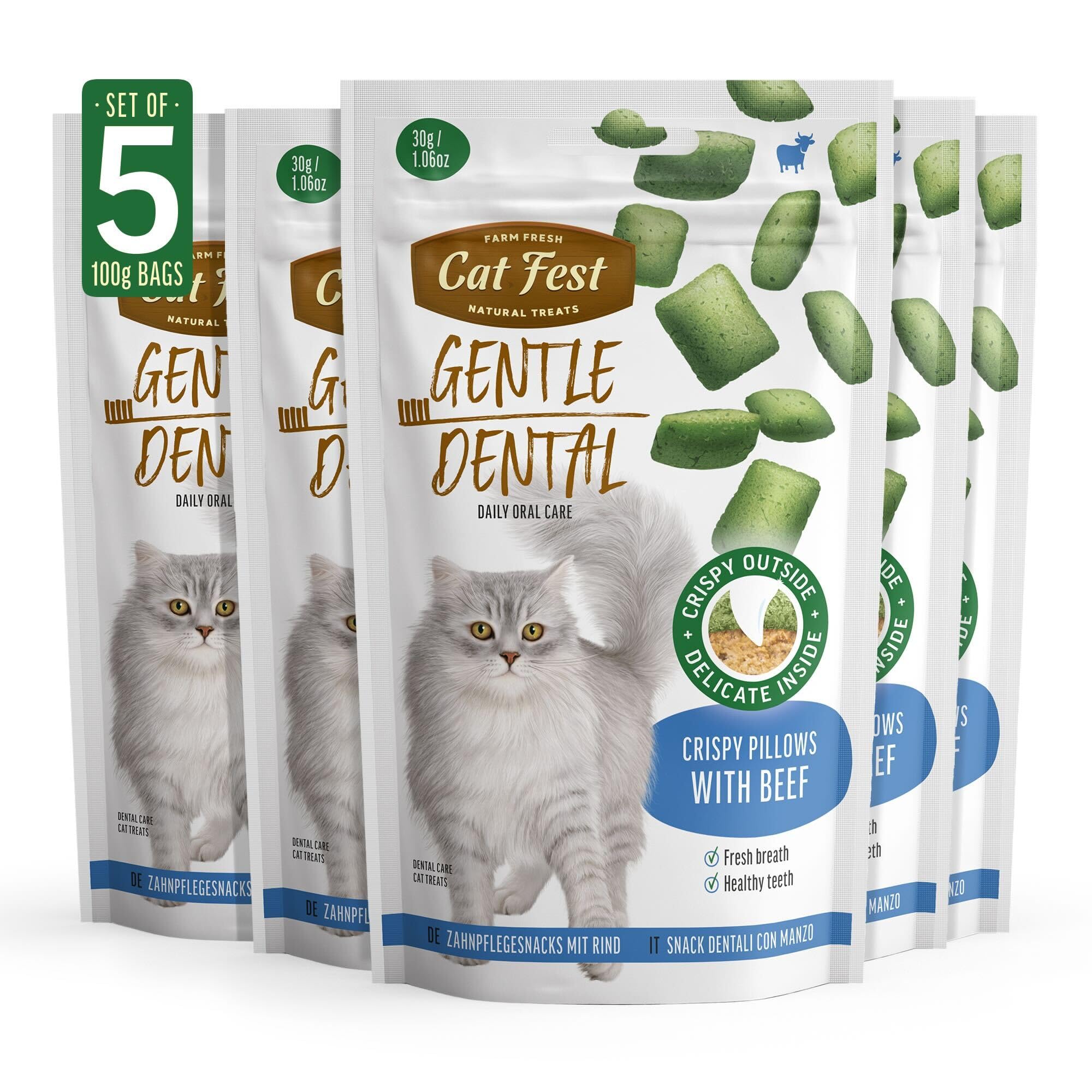Cat fest Gentle Dental Pillows With Beef Creme - Cat Treats - Set Of 5x30g (1 Count (Pack of 5), Pillow with Beef Cream)