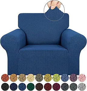 KEKUOU Stretch Single Sofa Slipcover 1 Piece Couch Sofa Cover (31"-55") Furniture Protector 1 Seater Sofa with Elastic Bottom for Kids,Pet.Jacquard Small Checked Pattern Fabric(Small,Classic Bluel)