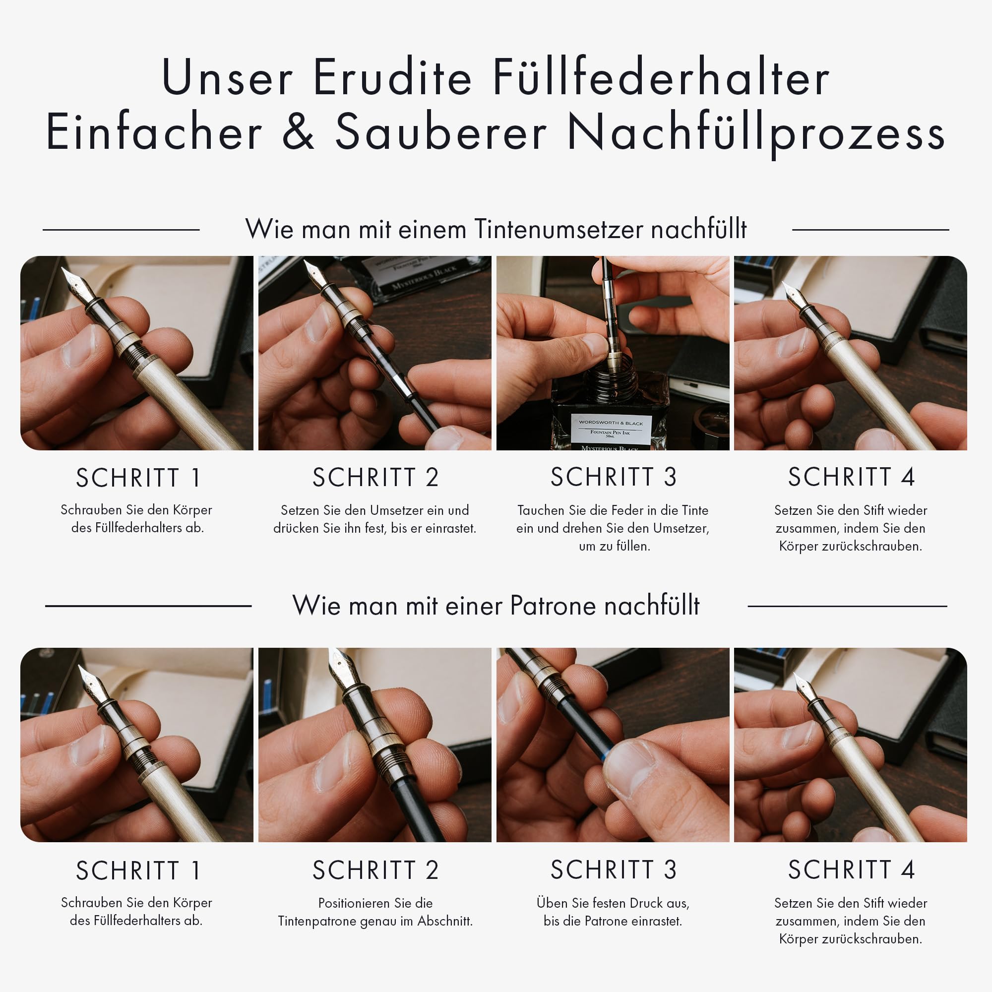 Wordsworth & Black Füllfederhalter-Set, mittlere 18-Karat-Goldfeder, inklusive 24 Tintenpatronen, Kolbenkonverter und Geschenkbox, goldfarben, Kalligraphie, Regenbogen