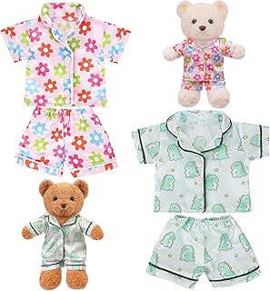2 Sets Bear Clothes Stuffed Animal Accessories Pink and Blue Bear Clothes Double Layer Muslin Short Sleeve Top and Bottom Fits Most 14-18 Inch