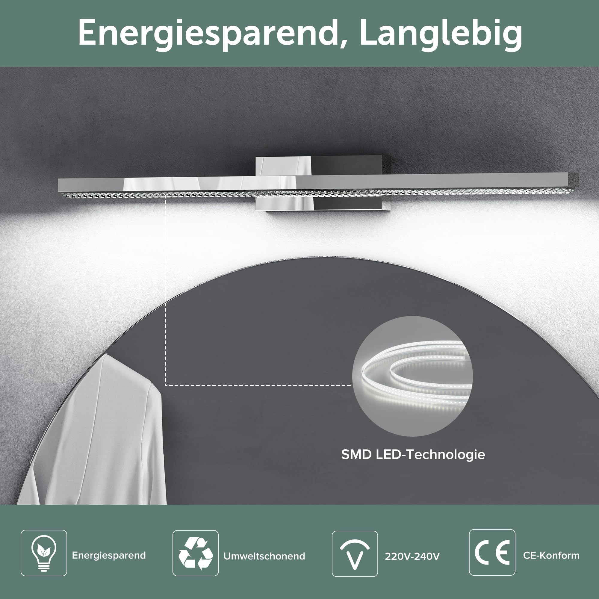 doporro Spiegelleuchte Bad 60cm LED Spiegellampe Badezimmer Lampe | 6000K Badlampe Wand über Spiegel Kaltweiß Badezimmerleuchte 14W Spiegelschrank Beleuchtung, Chrom, Leuchtschein