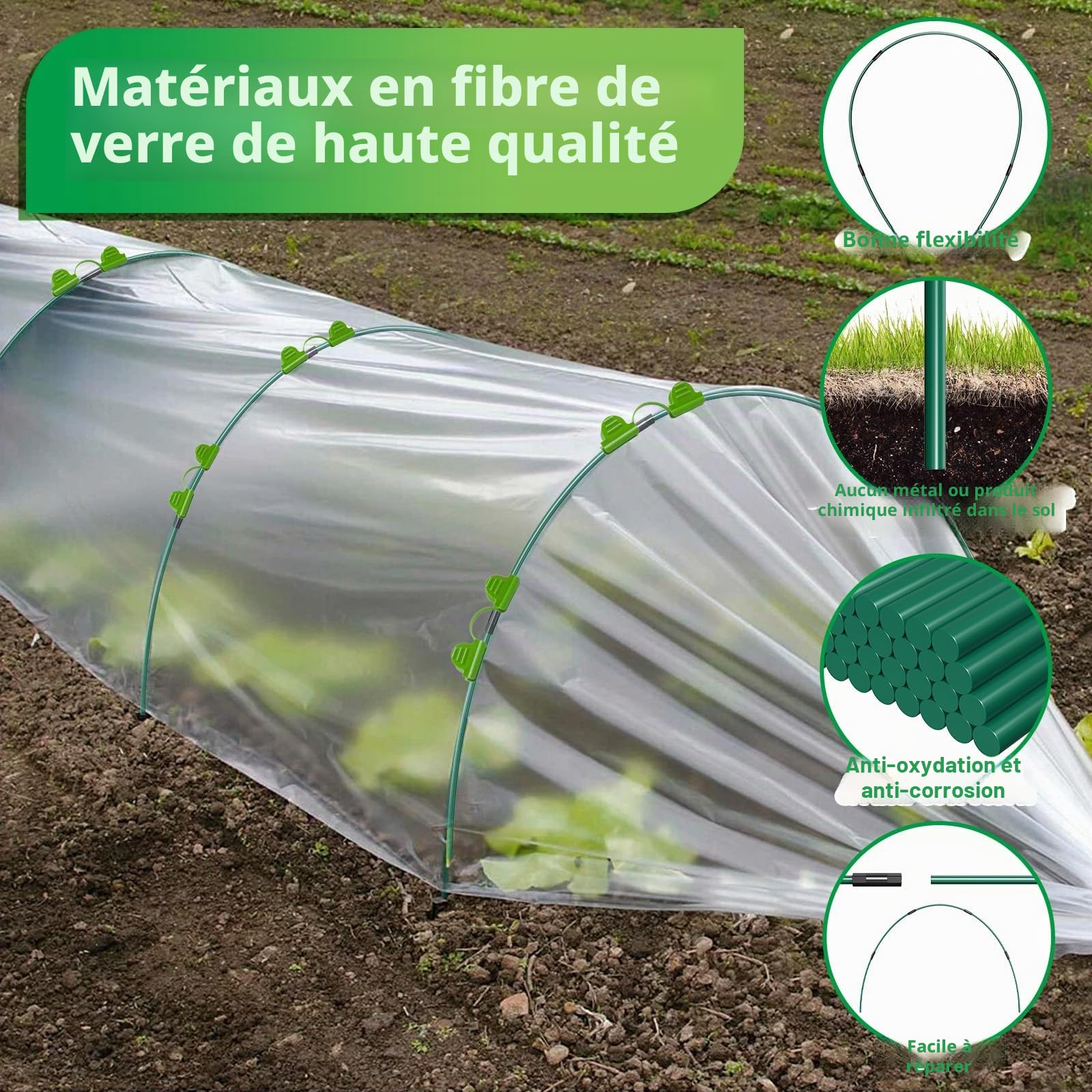 60 Pièces Arceau pour Serre Tunnel, 41CM Support d'arceaux de Jardin Ajustable en Fibre de Verre antirouille, Kit De Maison De Cerceau De Jardin, Support de Plantes DIY, Piquets de Jardinage
