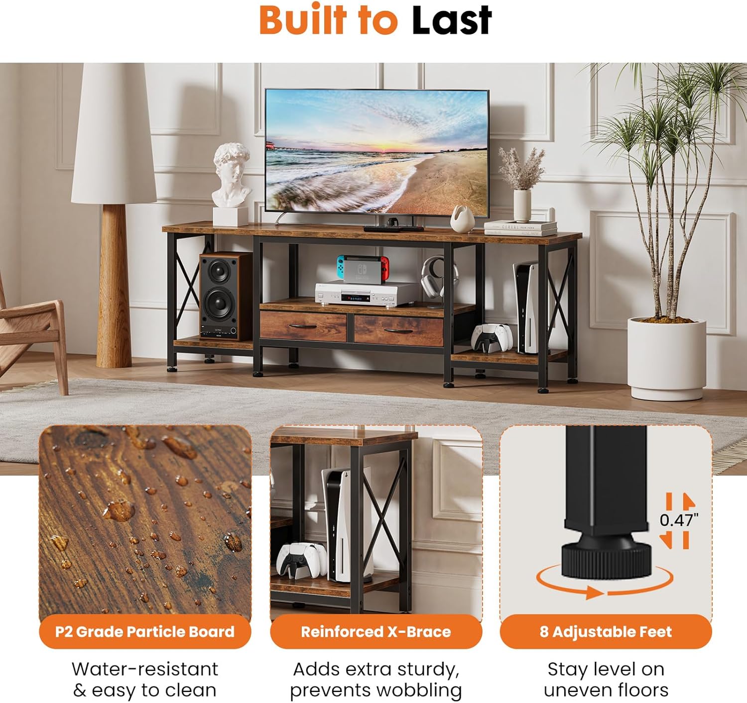 DUMOS 63” TV Stand with Power Outlets, Entertainment Center for TVs Up to 75 Inches, Industrial Media Console with Fabric Drawers and Open Shelves, Rustic Brown TV Table for Living Room, Bedroom