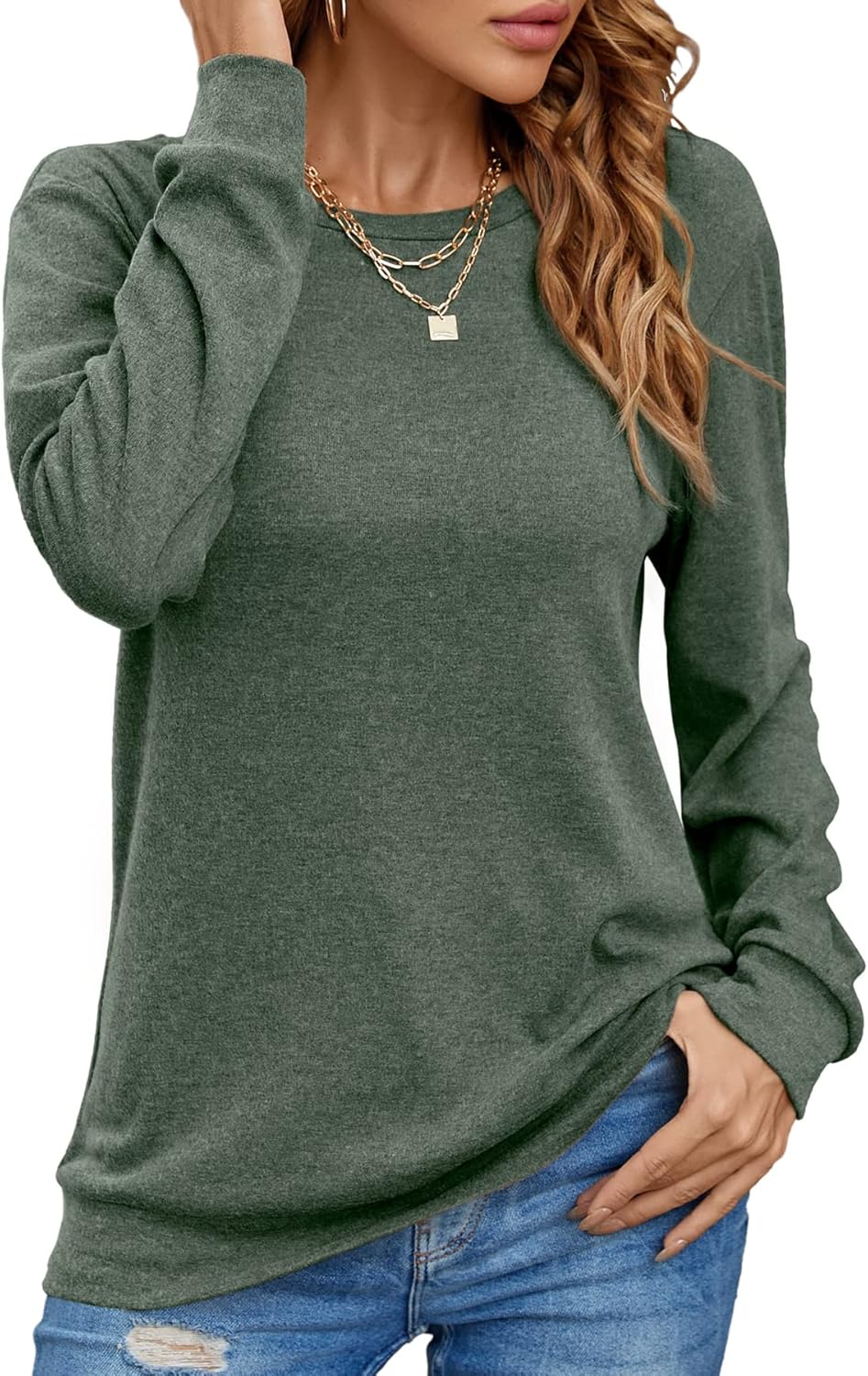 Women Long Sleeve Tops Casual CrewNeck Shirts Dressy Fashion Tunic Blouses Green XX-Large