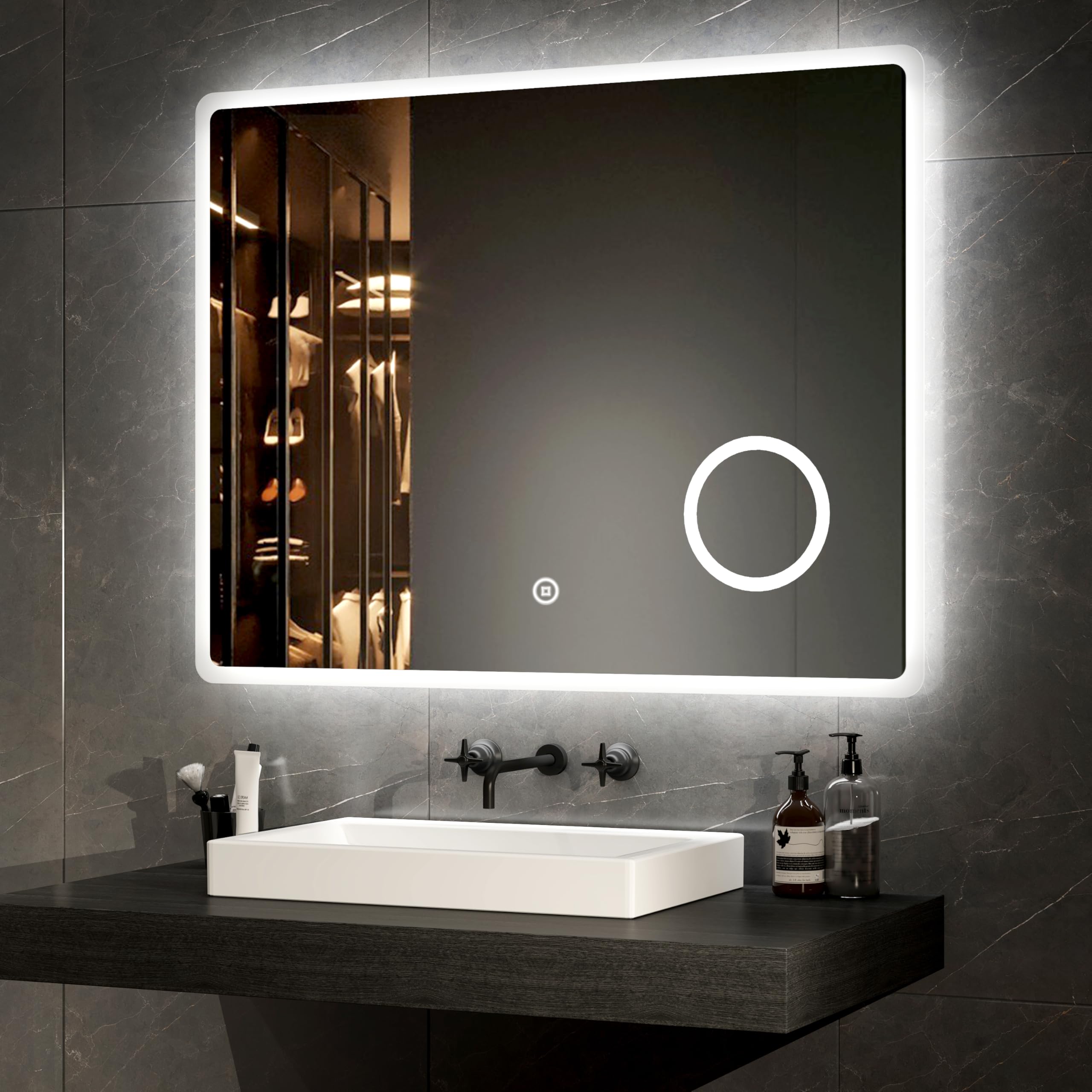 Emke 3X Magnifier + Shaver Socket + Demister Pad Led Bathroom Mirror With Shaver Socket 900X700mm, Bathroom Mirror With Led Lights, Backlit Wall Mounted Smart Mirror With 3X Magnifier, Touch Sensor, Horizontal, Ip44