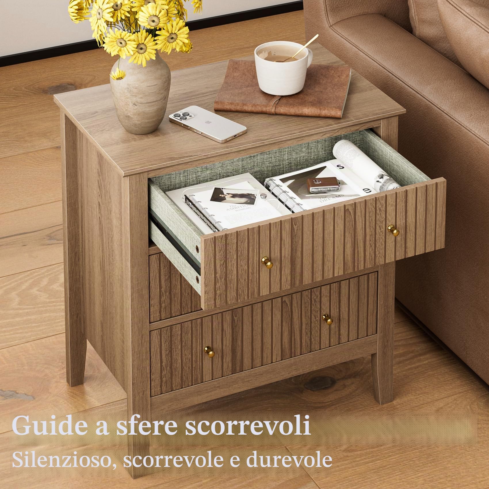 Comodino grande con 3 cassetti, comodino in legno, con maniglie in metallo, comò per camera da letto, soggiorno e corridoio