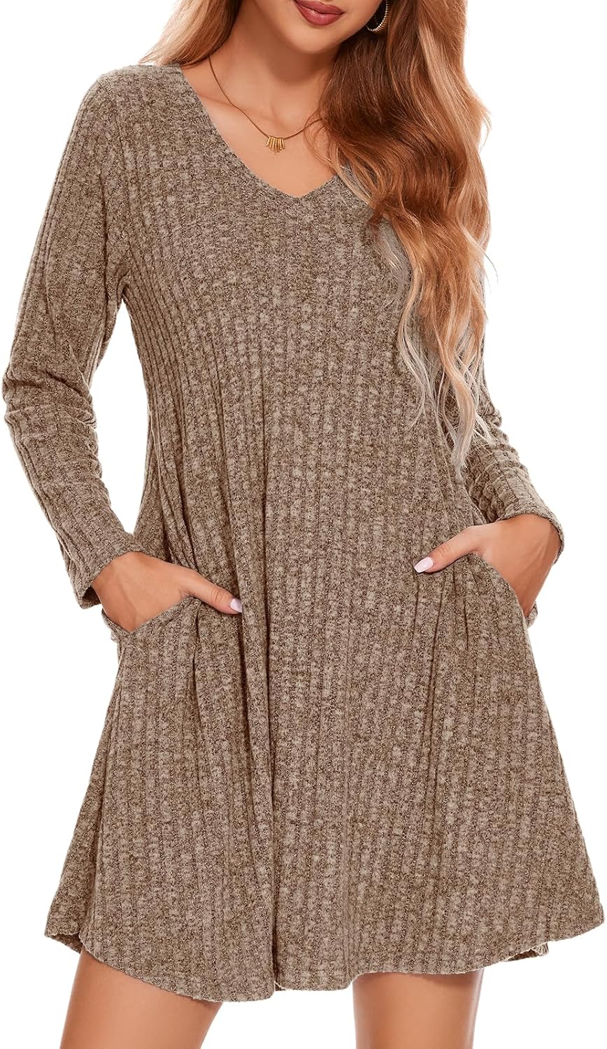 ZENNILO Women Plus Size Sweater Dress Long Sleeve Dress for Women Basic V Neck Fall Winter Tunic Dresses with Pockets