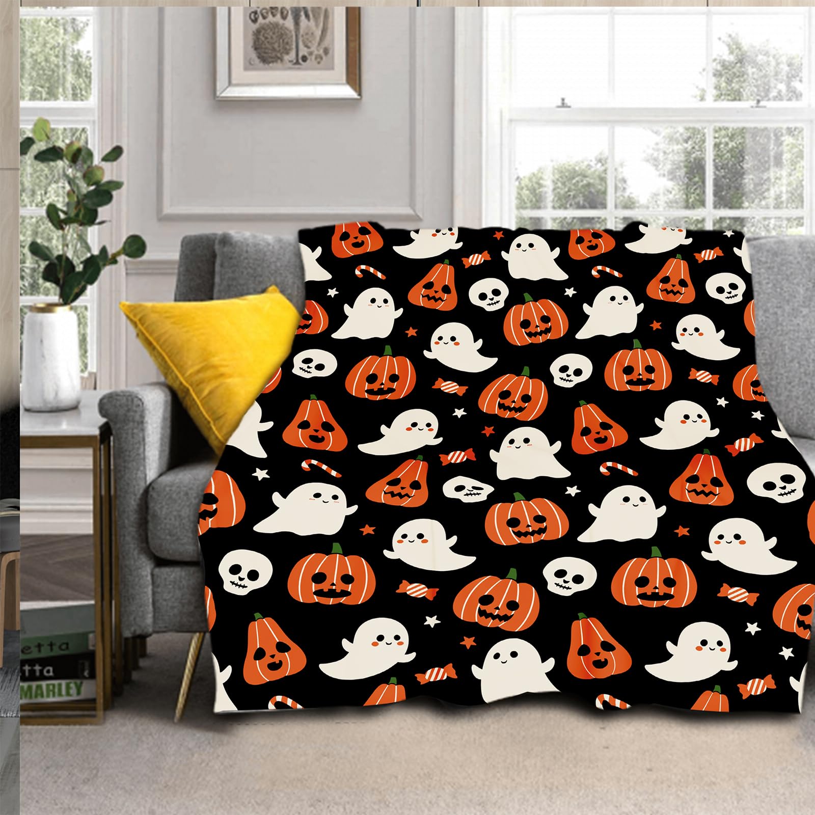 Flauschige Halloween-Flanelldecke – 127x152 Cm, Mit Geist & Kürbis-Motiv, Für Sofa & Bett