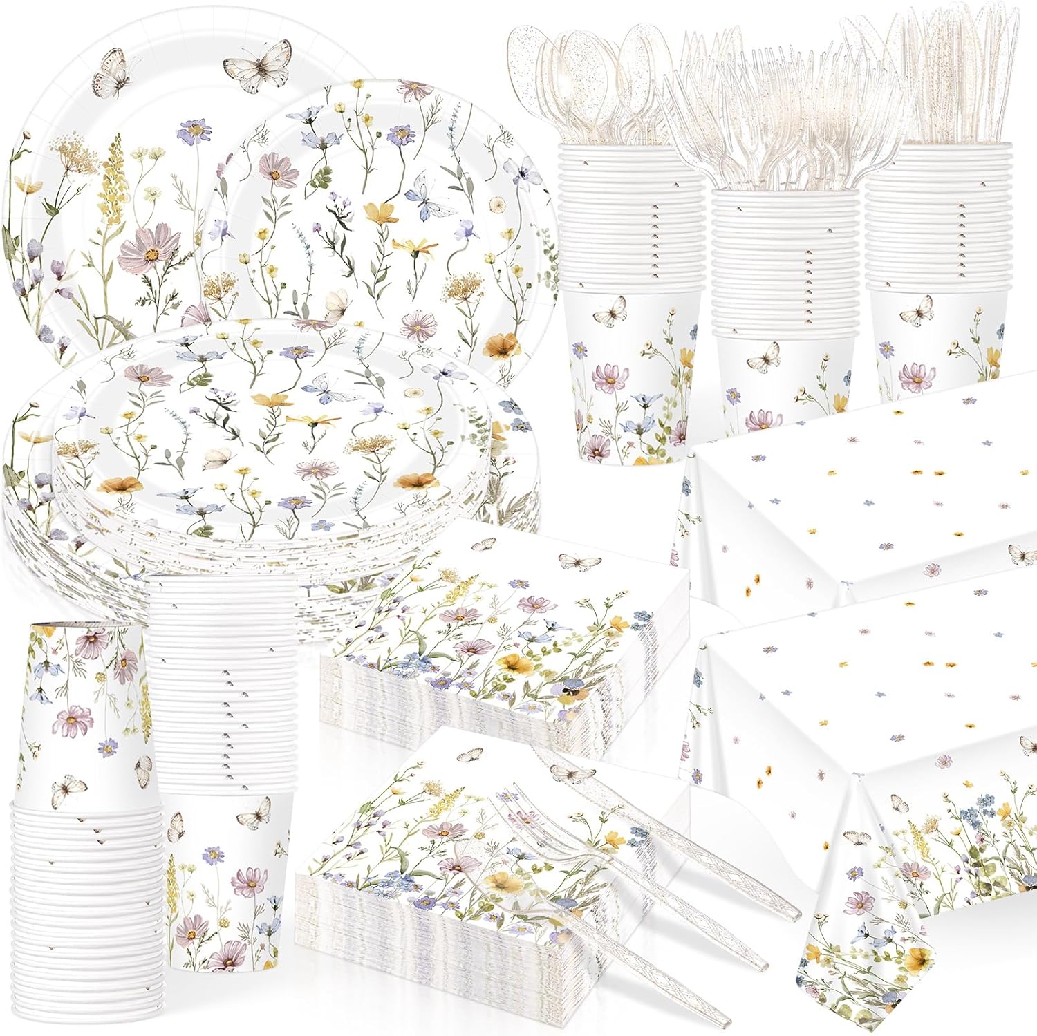 Yungyan 194 Pcs Wildflower Plates and Napkins Party Supplies for Valentines Baby Shower Spring Disposable Floral Paper Plates Tablecloth Cup Tableware Set for Wedding Birthday Tea Party Decoration