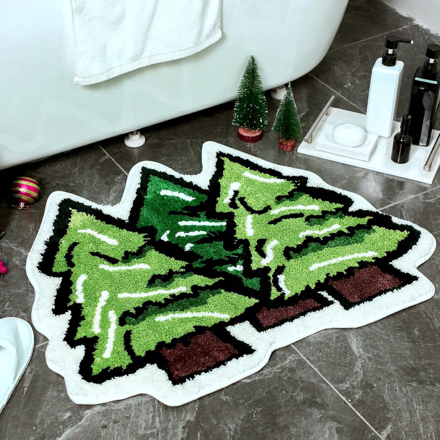Tinideya Winter Bathroom Mat 32 x 24 Inches Green Pine Tree Rugs for Bathroom Living Room Extra Soft Absorbent Washable Non Slip Shower Mat for Home Christmas Winter Holiday Decor