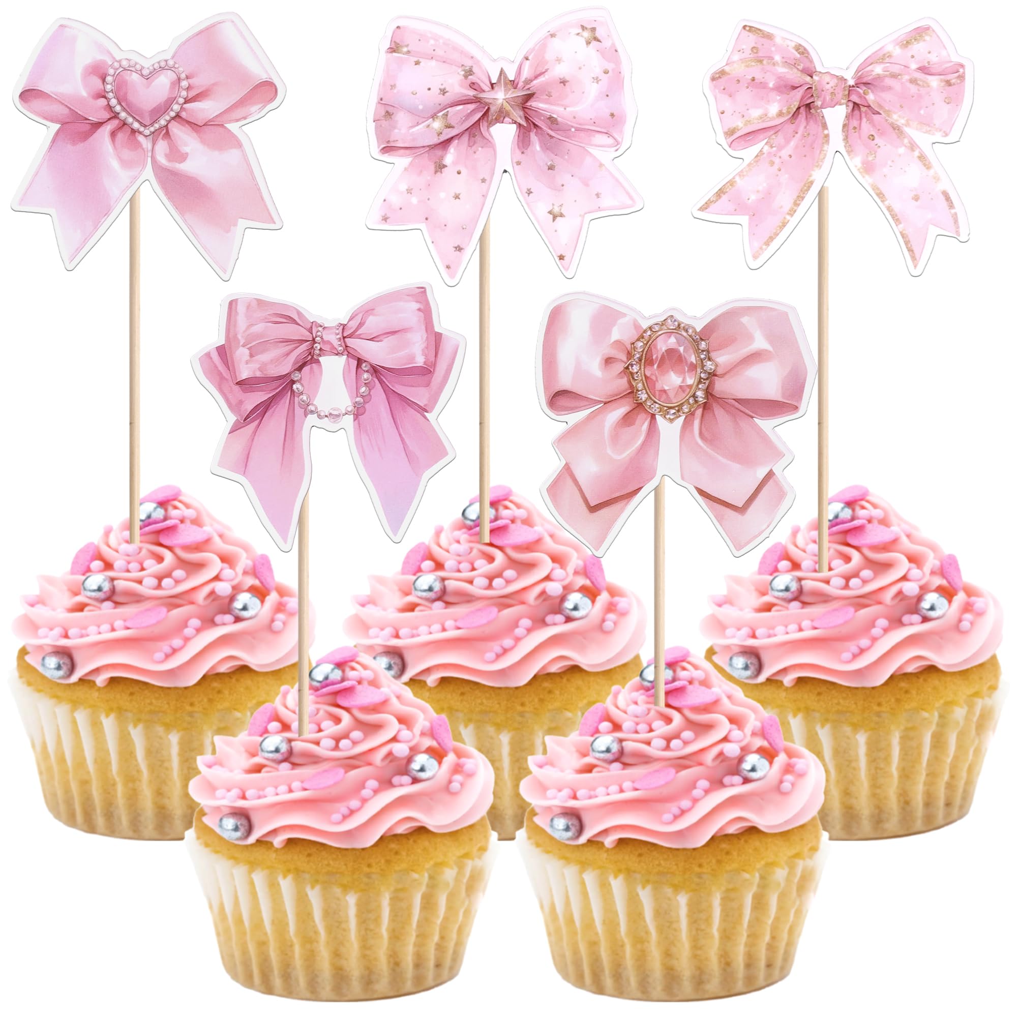 40 PCS Bow Cupcake Toppers Light Pink Girls Birthday Party Decorations Bowknot Cupcake Picks Princess Bow Birthday Decorations Bow Cake Toppers for