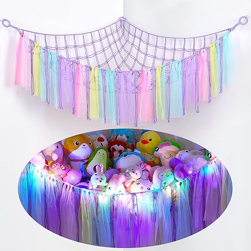 FIOBEE Red de animales de peluche o hamaca con luz LED, hamaca de juguete colgante para animales de peluche, organizador de almacenamiento para