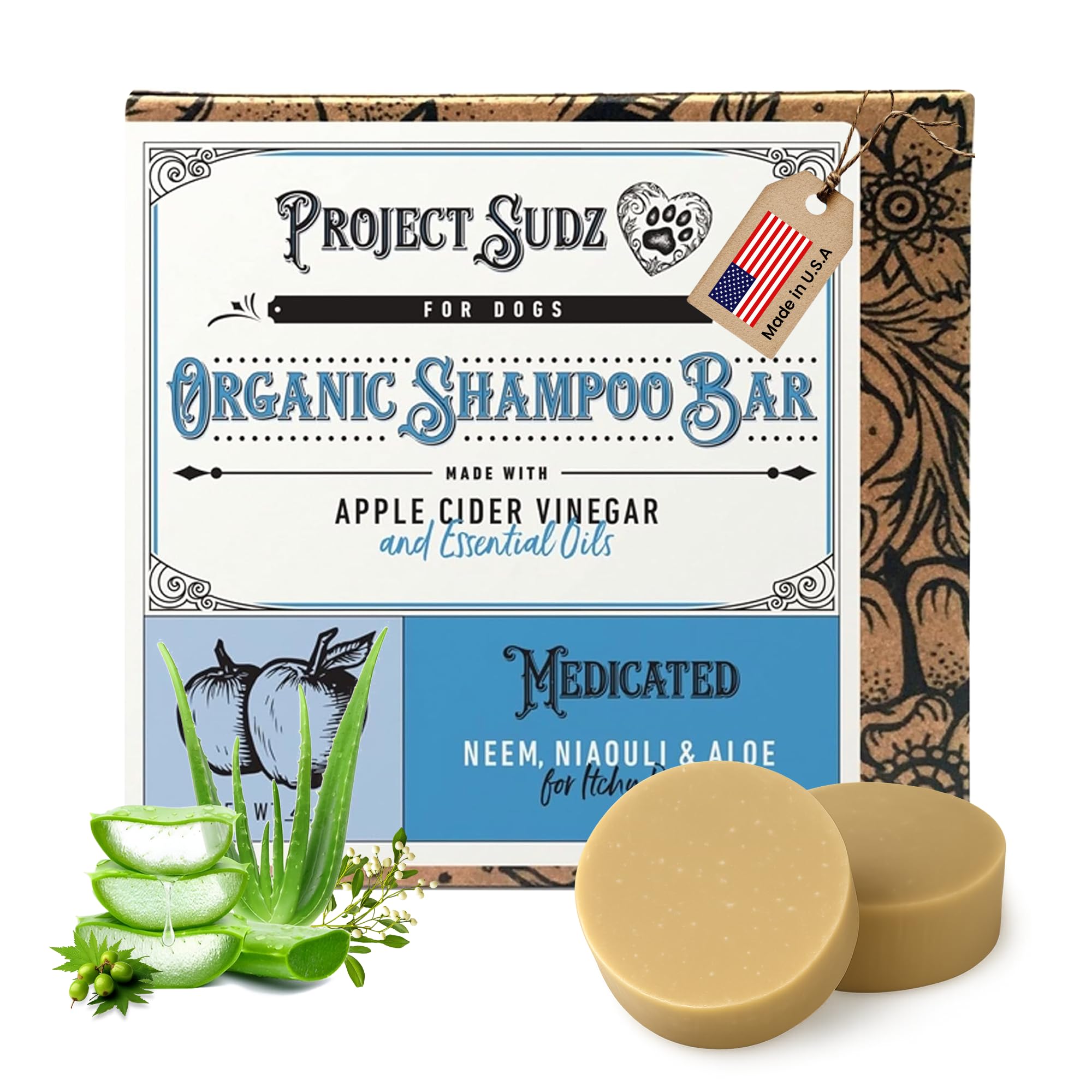Medicated Organic Dog Shampoo Bar for Hot Spots, Dry Coat, and Allergies, All Natural Dog Shampoo with Neem, Aloe, and ACV, Eco-Friendly, Vet