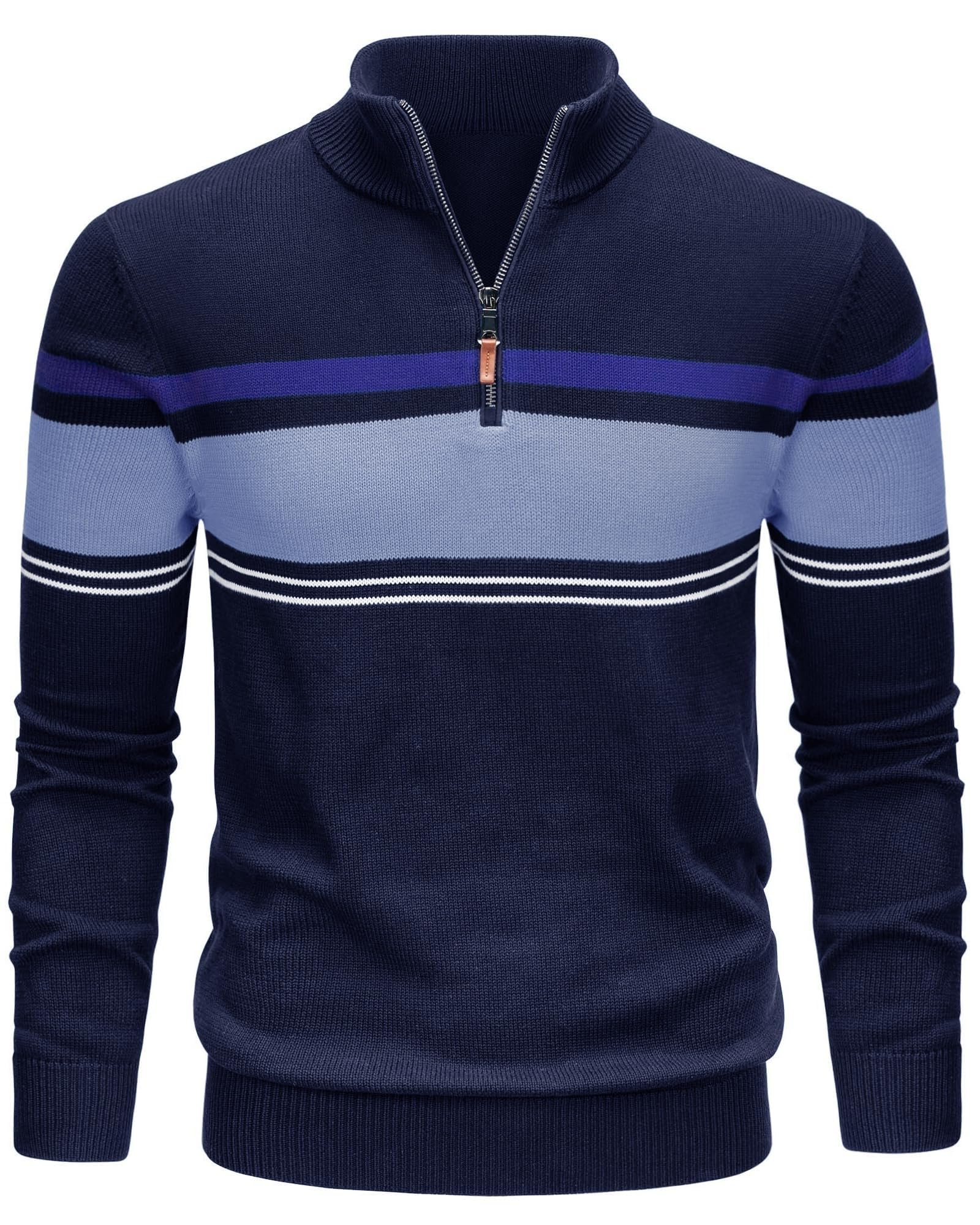 TACVASEN Pullover Herren Baumwolle Half Zip Strickpullover Winter Troyer | Stehkragen, Warm, Langarm, Sweater, Gestreiftes, Arbeit, Freizeit