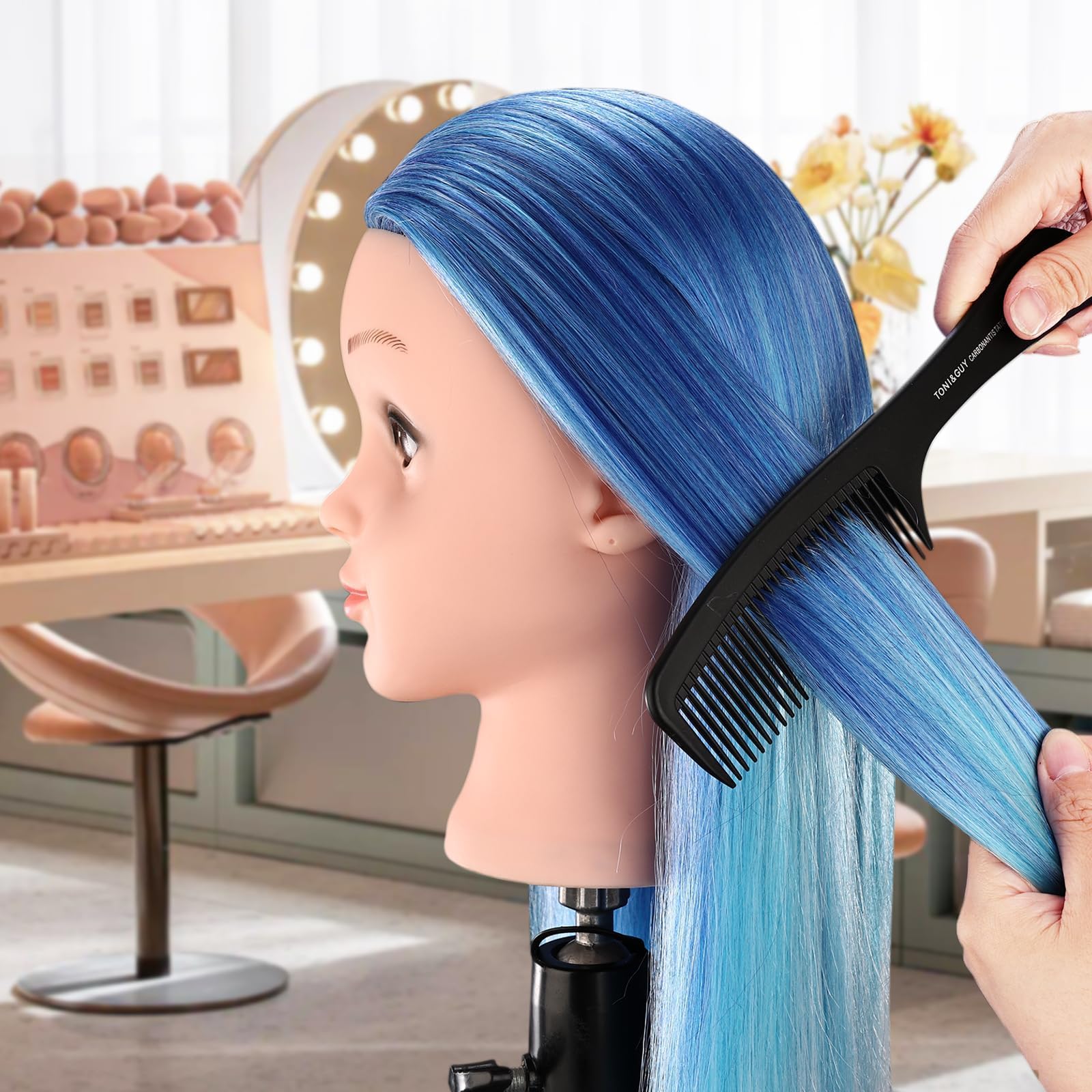 Frisierkopf 75cm/29 Zoll Übungskopf, TopDirect Frisierpuppe 100% Synthetisches Haar, Friseur Mannequin Kopf für Friseursalon, Frisierkopf Kinder mit Tischhalter + DIY Haar Styling Braid Set (Blau)