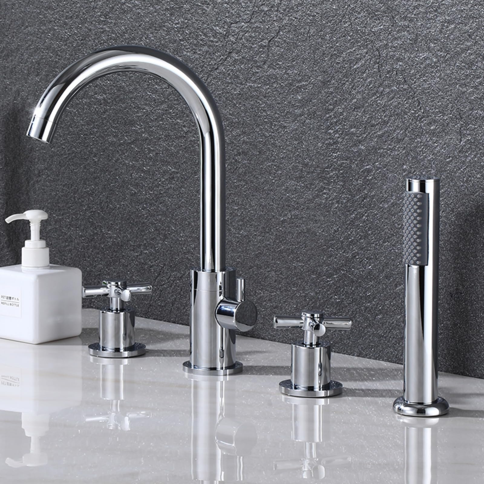 SnamicE 4 Hole Bath Taps Black Bath Mixer Taps with Shower 360 Swivel Spout Double Lever Pull Out Tap,Chrome
