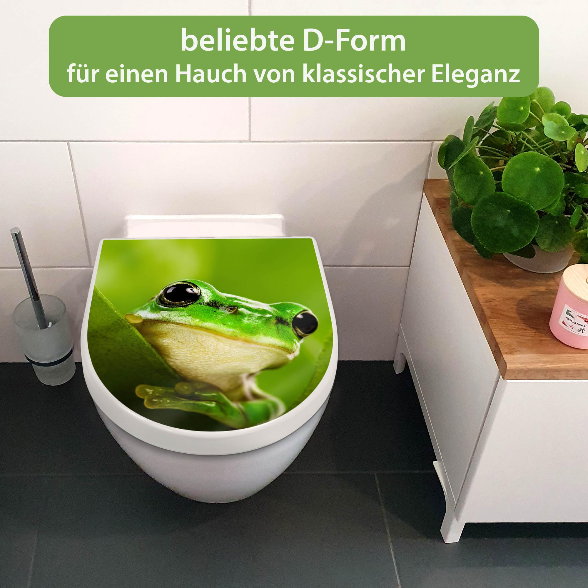 banjado WC Sitz mit Absenkautomatik D Form - Toilettendeckel mit Absenkautomatik D Form - Klodeckel Softclose - stabile Klobrille - Toilettensitz Weiß - Motiv Frosch