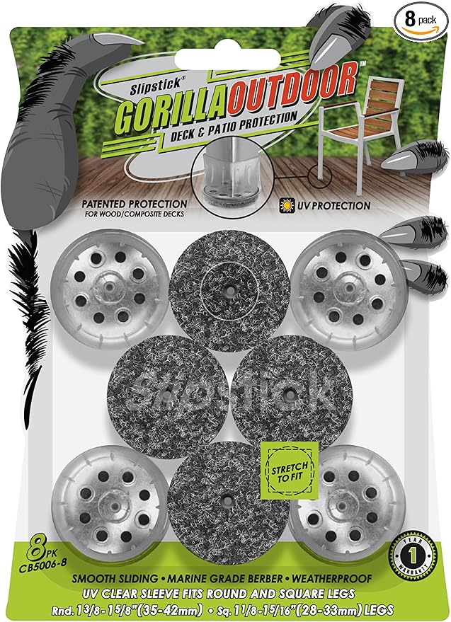 Slipstick GorillaOutdoor Berber Furniture Feet Pads with Clear Sleeve Sock (8 Pack) Outdoor Furniture Sliders for Round & Square Legs, Large