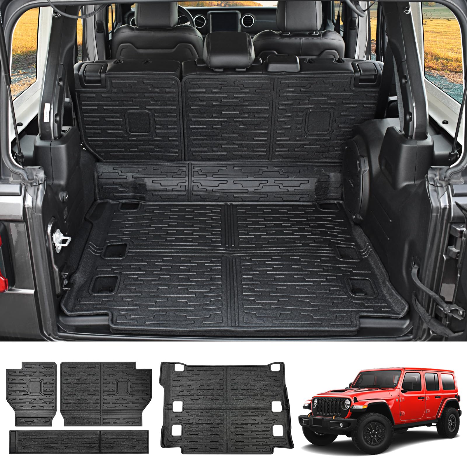 Photo 1 of Cargo Liner with Seat Back Cover Fit for 2021-2024 Jeep Wrangler JL Unlimited 4XE with Subwoofer Cargo Mat TPE Trunk Floor Mat All Weather for Jeep Wrangler Accessories(Cargo Mat+Backrest Mat) 4XE W/ Rear Subwoofer Cargo Mat+Backrest Mat